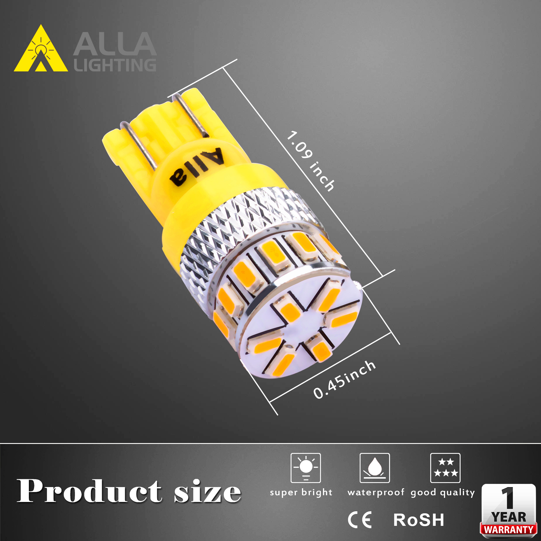 Alla Lighting T10 Wedge Amber Yellow 194 168 2825 175 W5W LED Super Bright  High Power 3014 18-SMD LED Lights Bulbs for Side Marker Light : :  Car & Motorbike